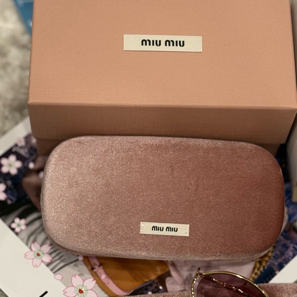 Miu Miu Oval Sunglasses | Gold Frame & Pink Lenses | Full Set - Picture 11 of 14